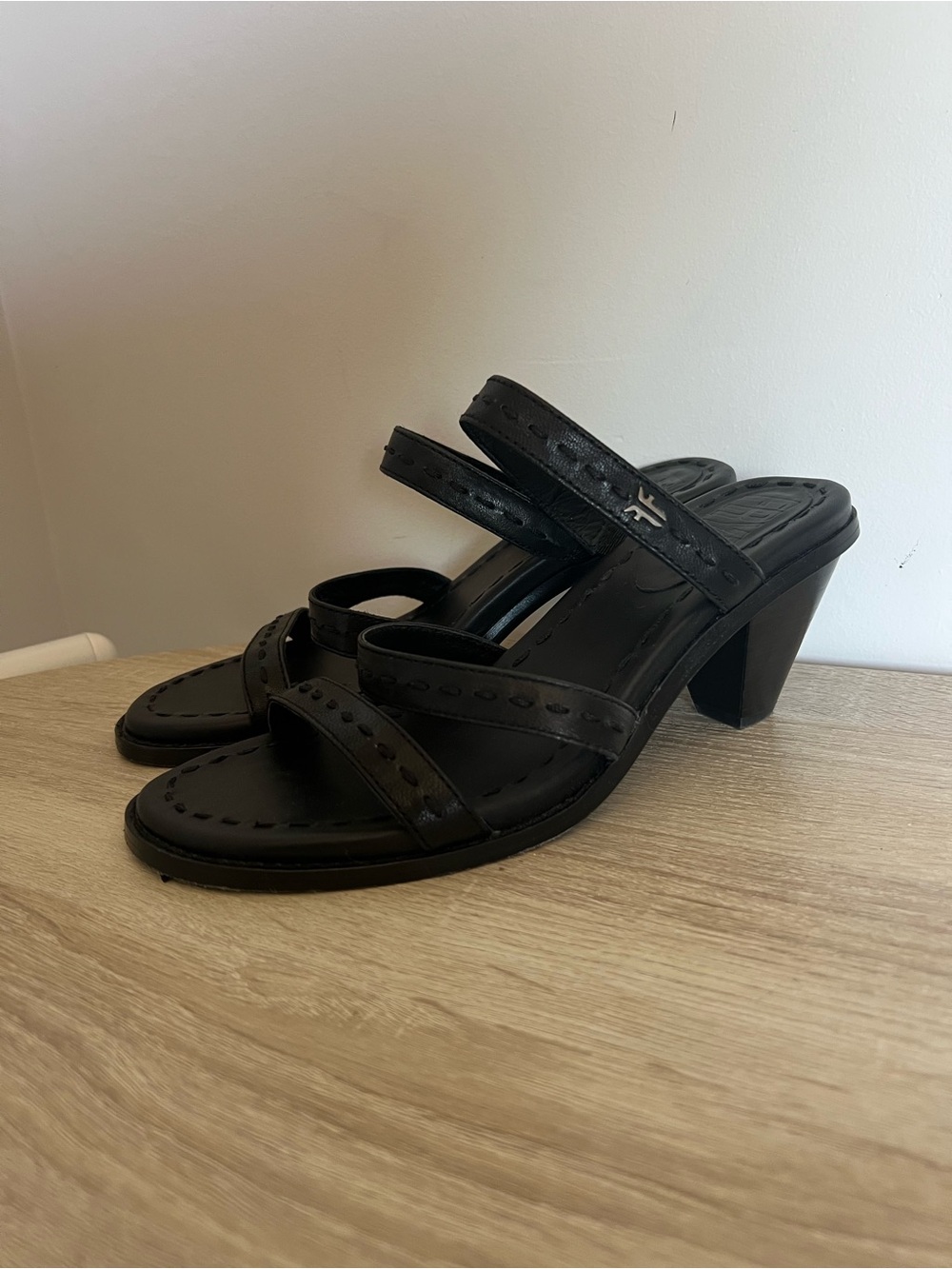 Frye Black Leather Triple-Strap Block Heel Sandals